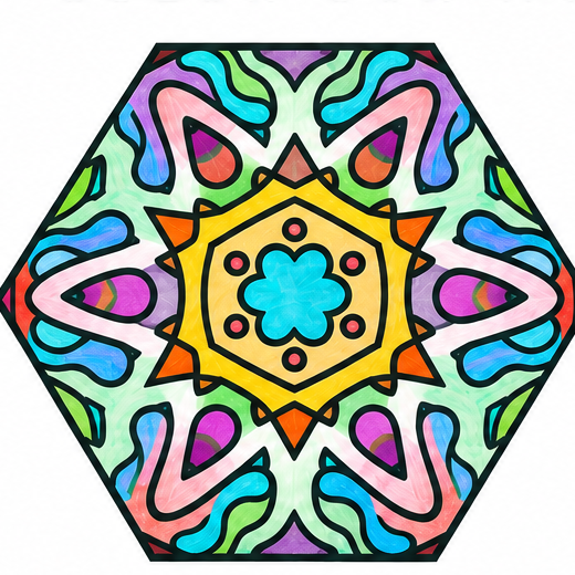 A completed Hexala with a bright kaleidoscope pattern in turquoise, pink, and orange