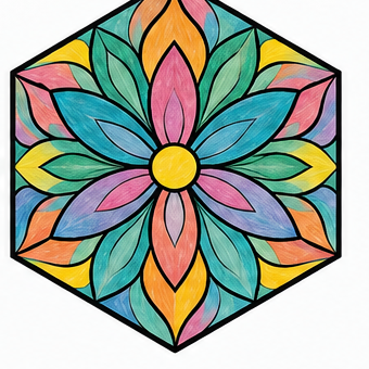 A completed Hexala colored in teal, coral, and gold petal patterns